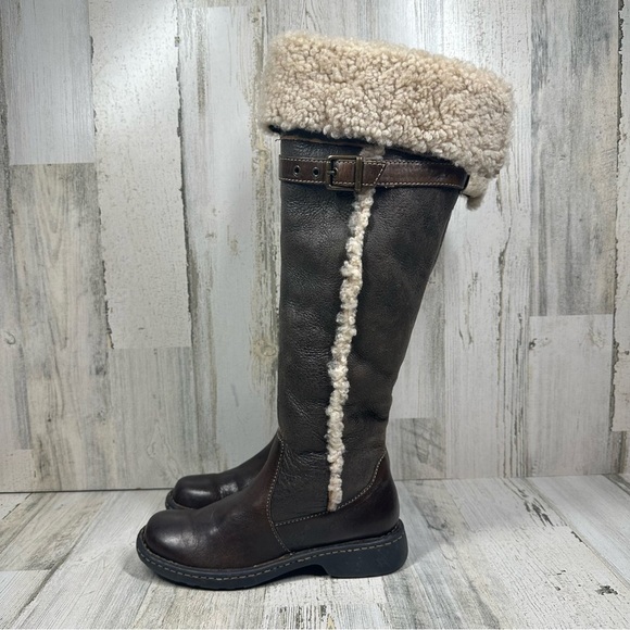 Born Shoes - Born Shearling-Lined Dark Brown Leather Knee-High Winter Boots #1343